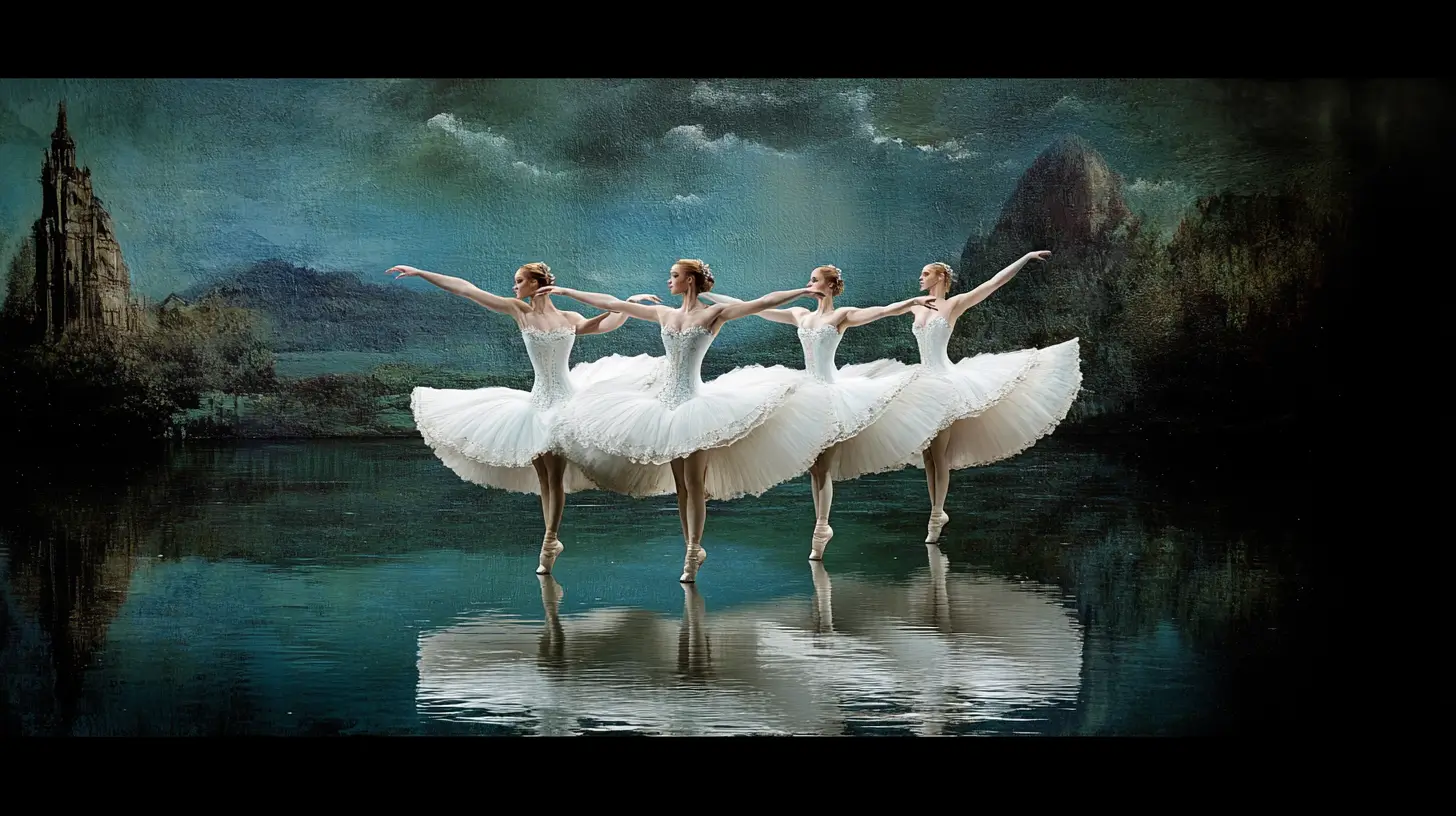 Penari balet mengenakan kostum angsa putih menari dalam pertunjukan klasik Ballet Swan Lake di panggung teater